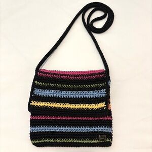 The Sak Black Multicolor Rainbow Striped Crochet Crossbody Flap Bag Boho Hippie
